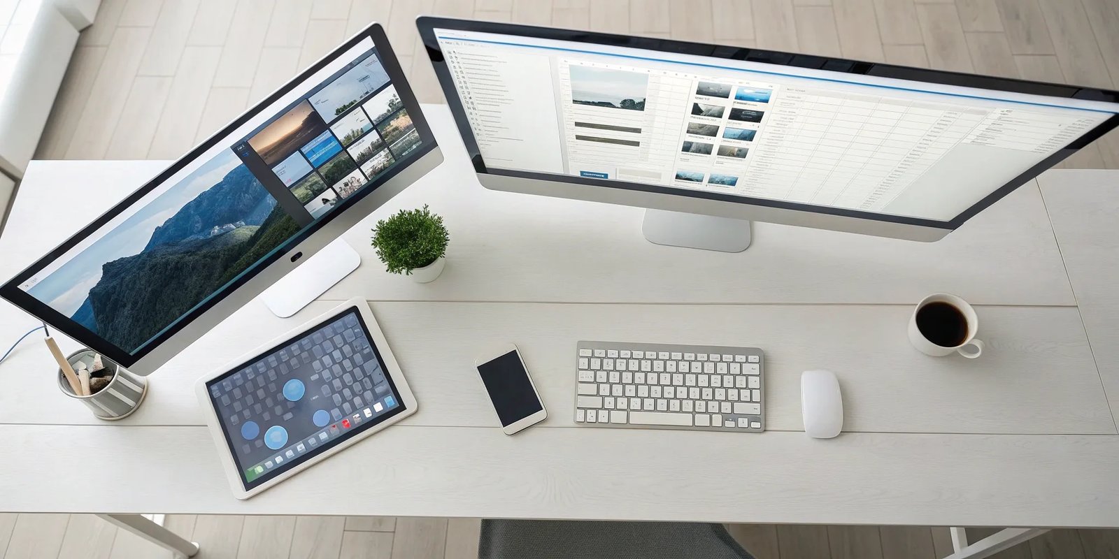 A modern desk with multiple screens for scaling newsletter production for teams.